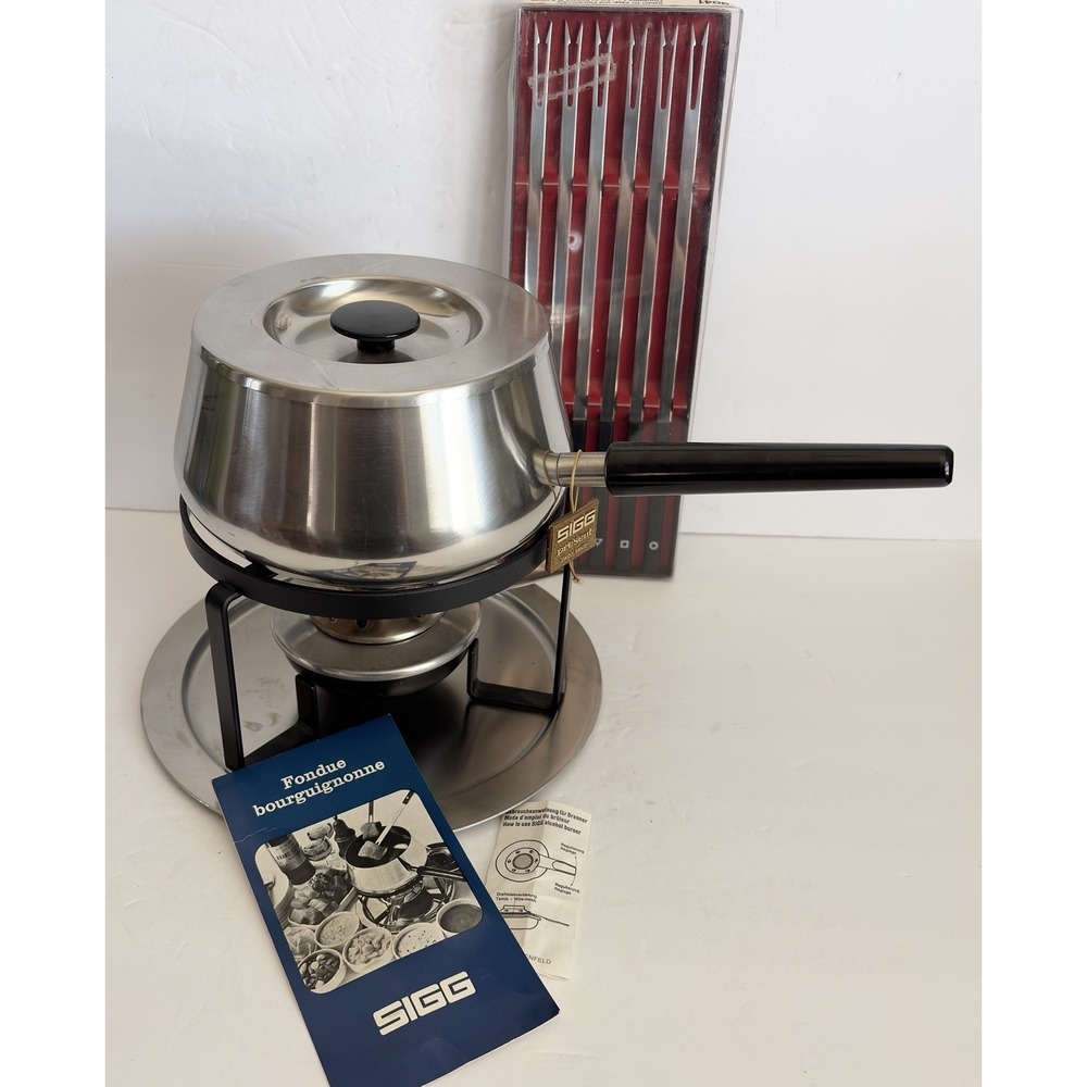 Vtg SIGG Switzerland Fondue Bourguignonne Set Inox 18/8 Complete w/Forks MCM 70s